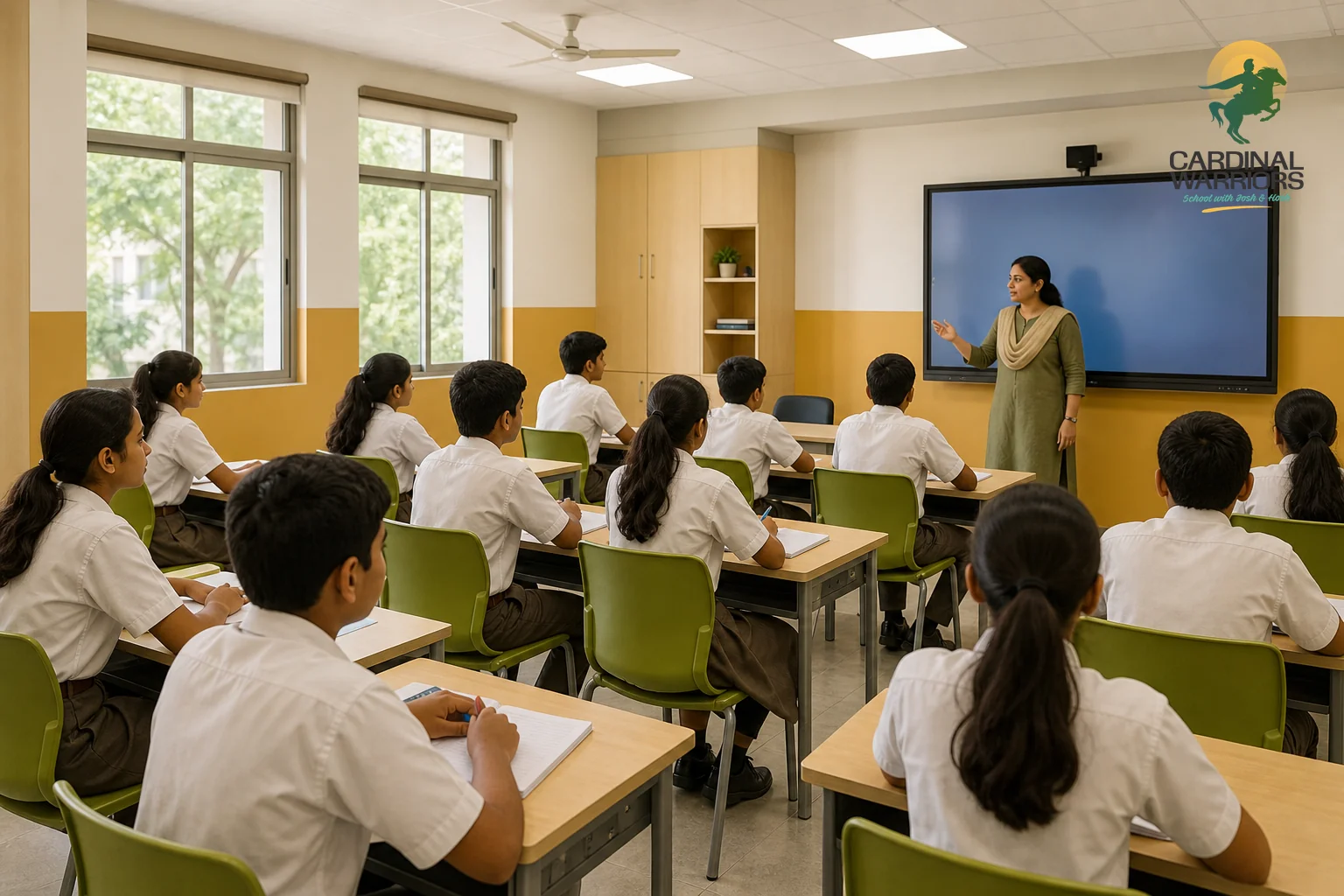Smart classroom blending CBSE academics with disciplined seating. photorealistic: Interior of a bright CBSE smart classroom in an Indian residential school, students in uniform seated attentively at desks facing a digital board, a teacher