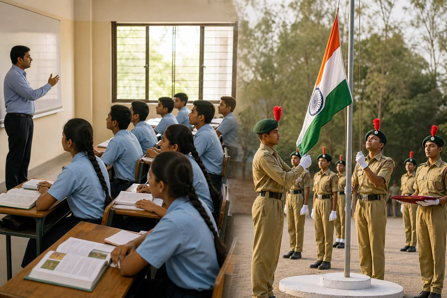 Split scene of Indian students studying in a classroom and participating in a flag hoisting leadership ceremony outdoors