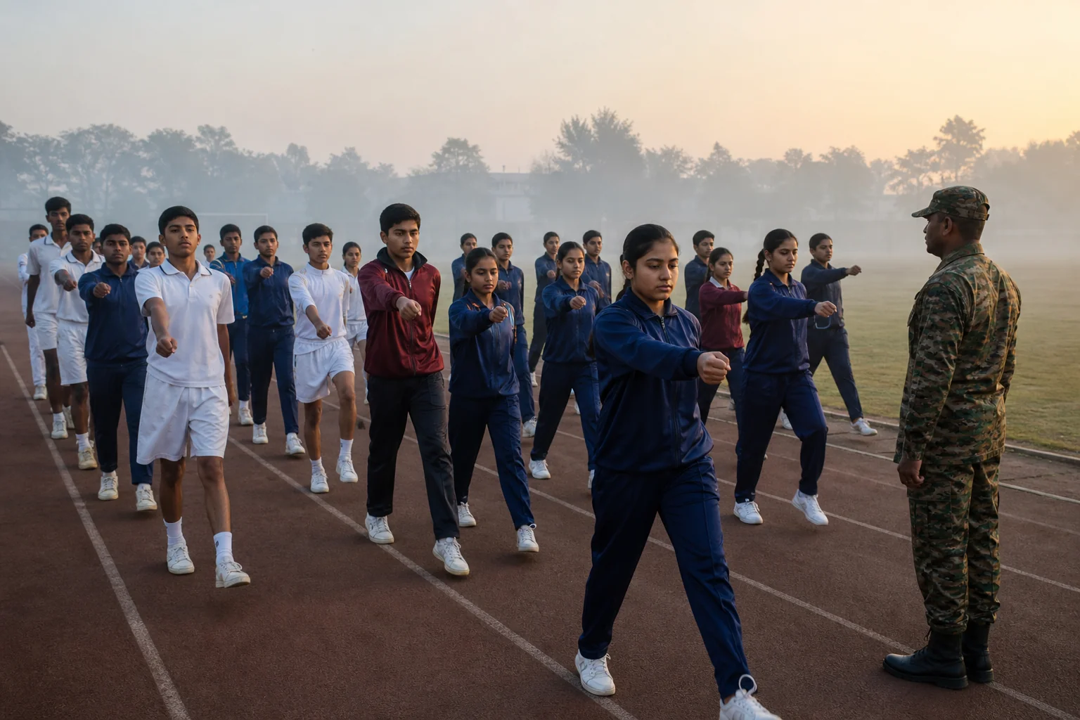 Students in tracksuits performing physical training drills on a school ground at sunrise under instructor supervision