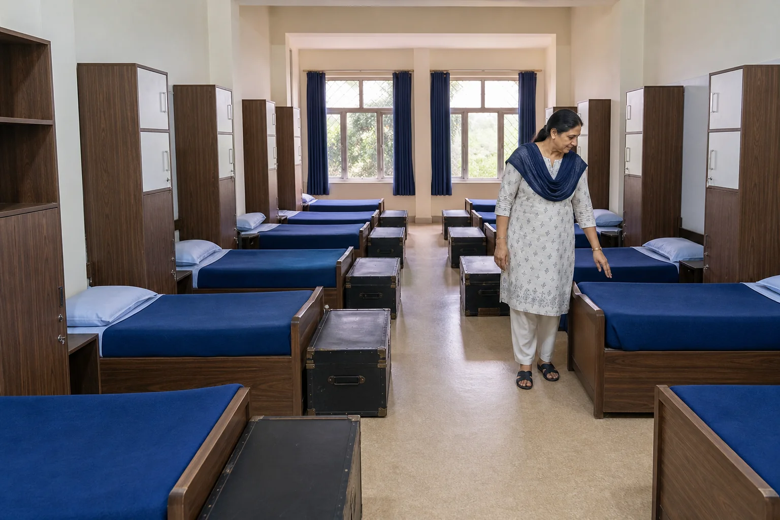Clean, organized boarding school dormitory room showing safety and structured campus care