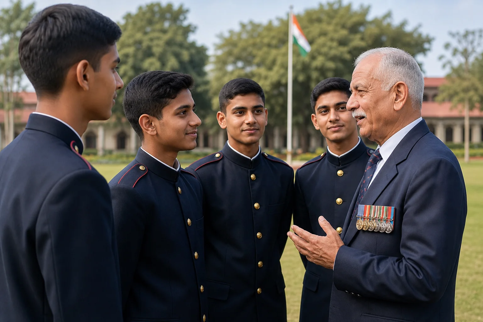 A retired army officer mentoring a group of cadets on a boarding school campus lawn