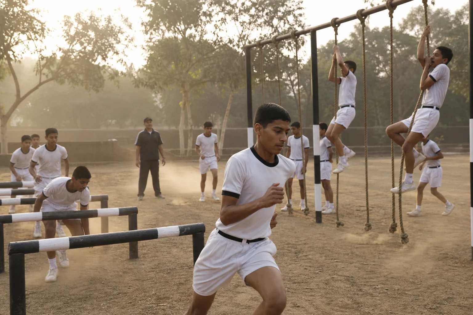 Students in PT uniforms doing group physical training and obstacle drills, showing focus and discipline