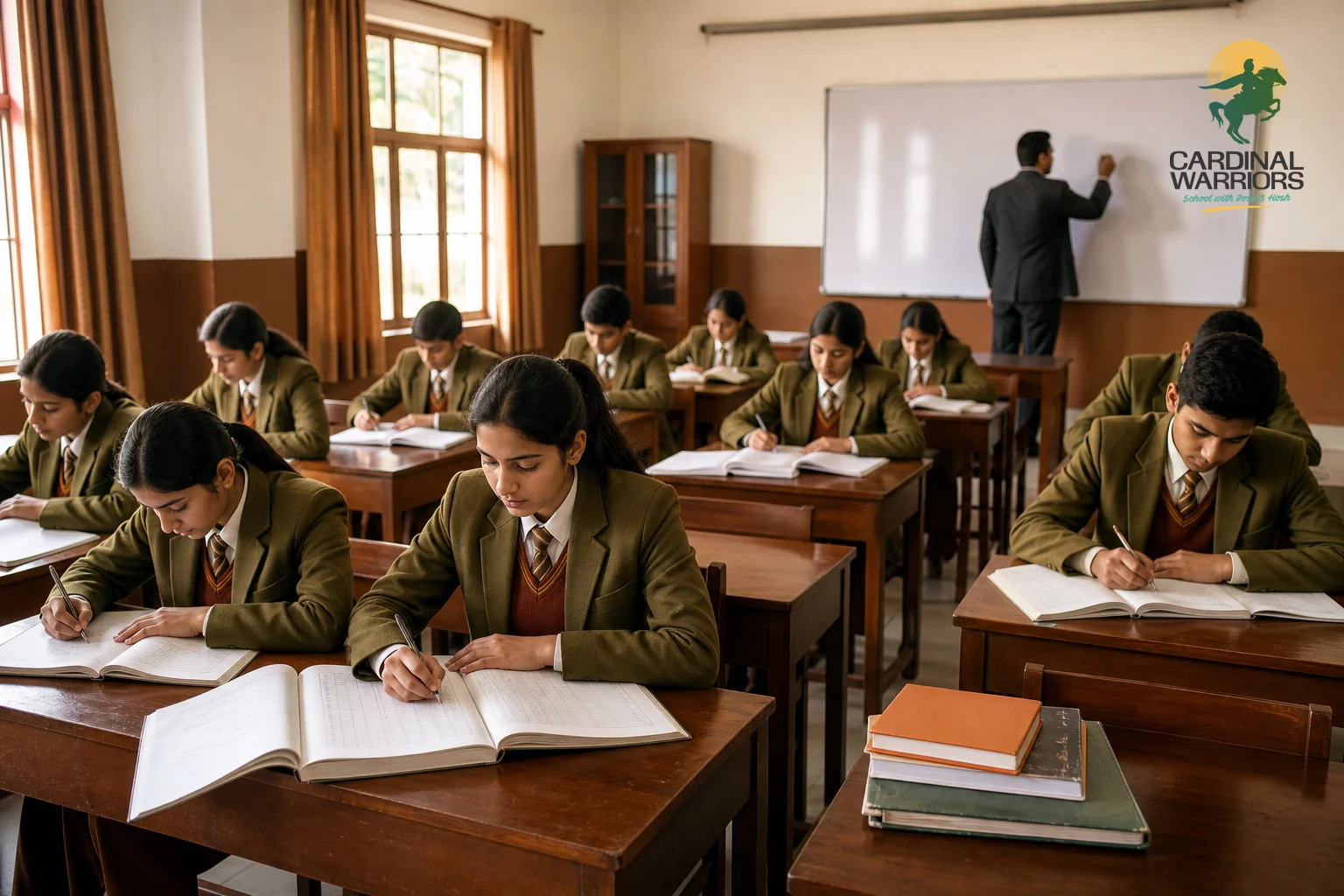Commerce-stream students in a structured classroom setting studying accountancy and business concepts, blending academic focus with disciplined environment. Photorealistic photo of a bright, orderly classroom in an Indian residential