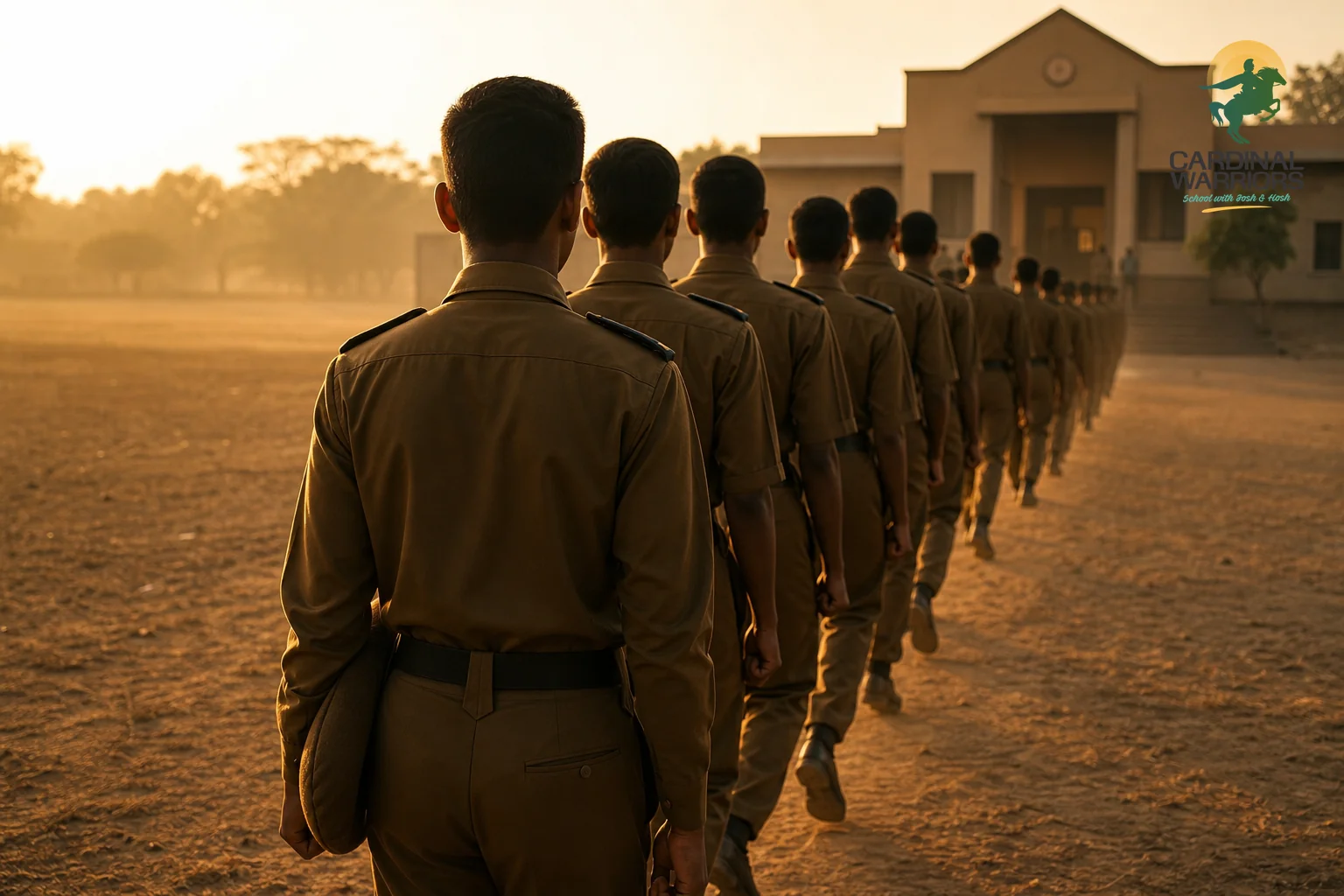 Photorealistic photo of teenage cadets in olive-brown military-style school uniforms walking in an organized line from an outdoor training ground toward a school building at early morning, soft golden sunrise light, dust and open field