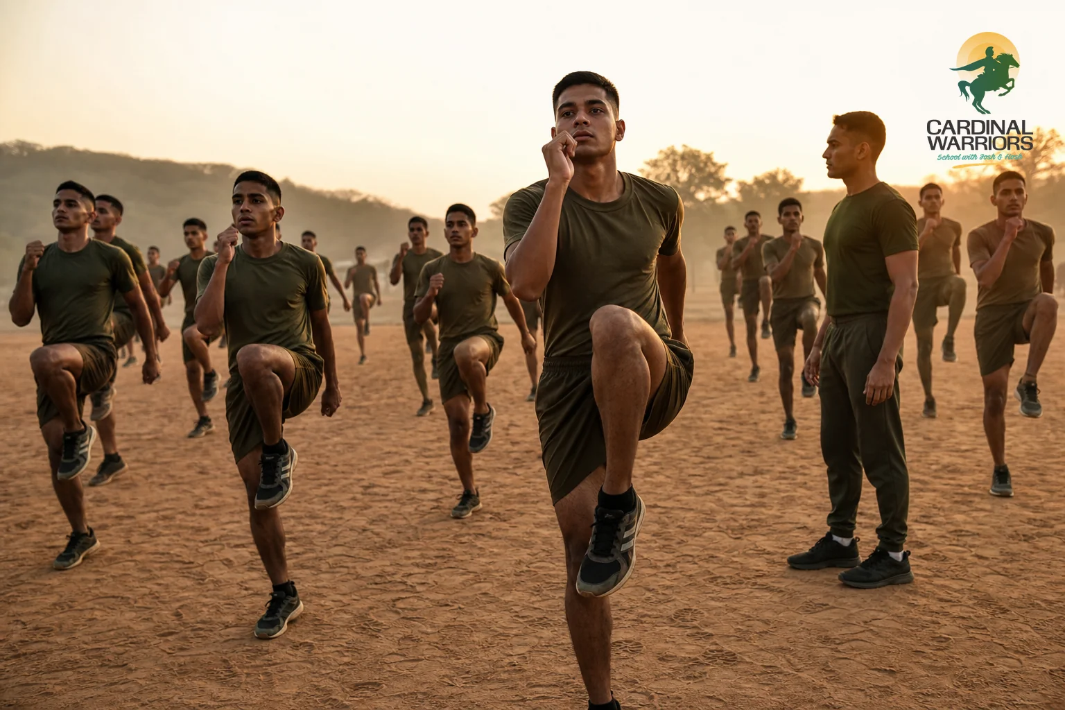 Cadets doing morning physical training and fitness drills on a military school ground. photorealistic photo of a group of Indian teenage cadets in olive PT uniforms doing outdoor physical training drills at sunrise on a dusty ground, an
