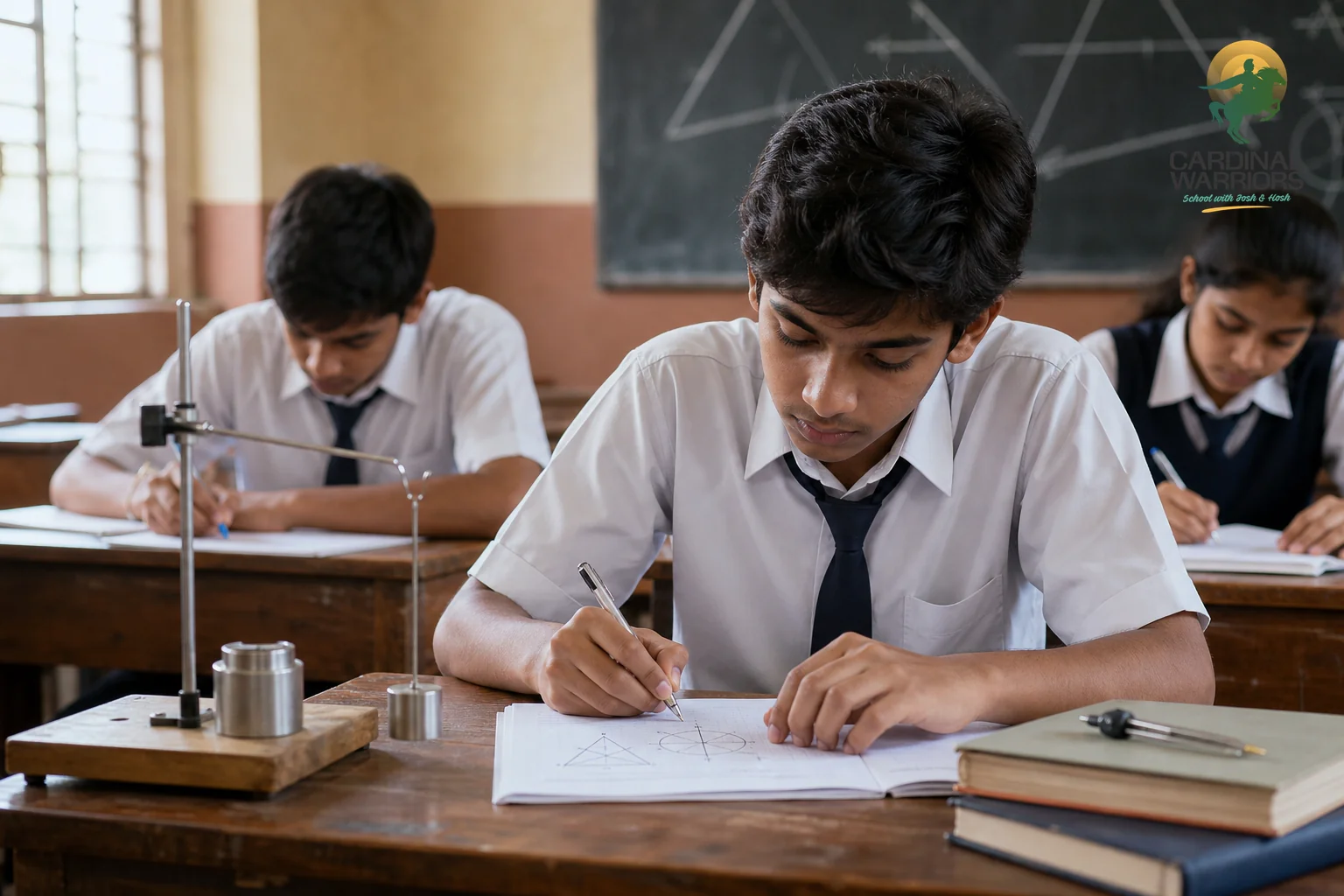 Students in a science classroom studying physics and maths for technical entry preparation. photorealistic photo of Indian high school students in uniform seated at desks in a bright science classroom, one boy working through a physics