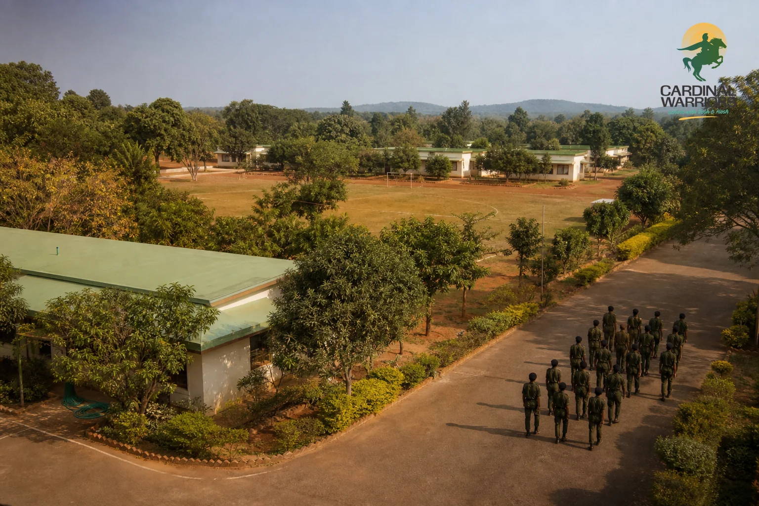 Aerial-style view of a residential military school campus in a rural Chhattisgarh setting. photorealistic wide photo of a green residential school campus in rural Chhattisgarh with low buildings, a sports field, and cadets in olive uniforms