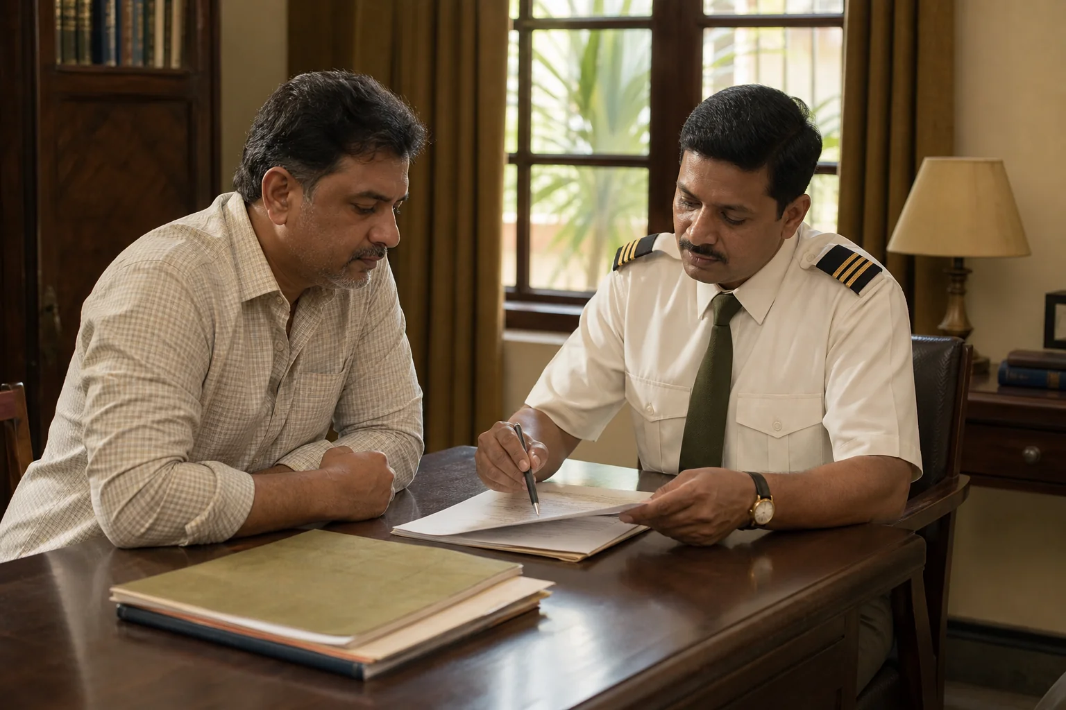 A parent and school administrator reviewing a detailed fee document together at a school office. photorealistic photograph of an Indian father in his 40s sitting across a wooden desk from a school administrator in a crisp uniform, both