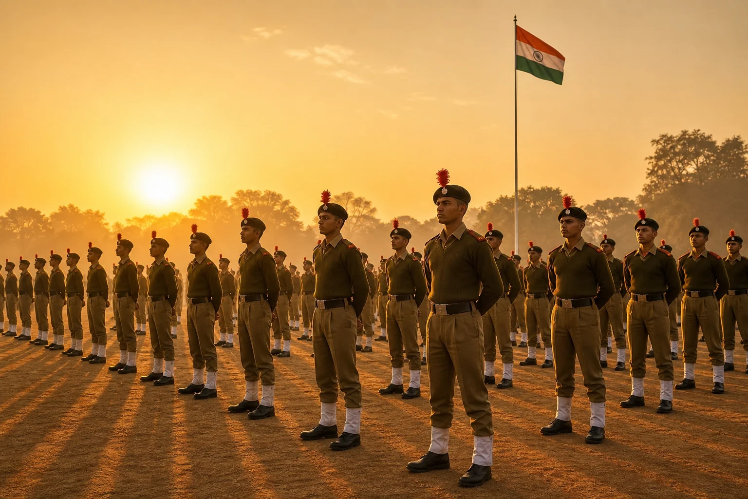 Cadets in formation on a parade ground at sunrise, representing the disciplined military school environment and its value proposition. photorealistic wide-angle photograph of young Indian cadets in olive-green uniforms standing in a
