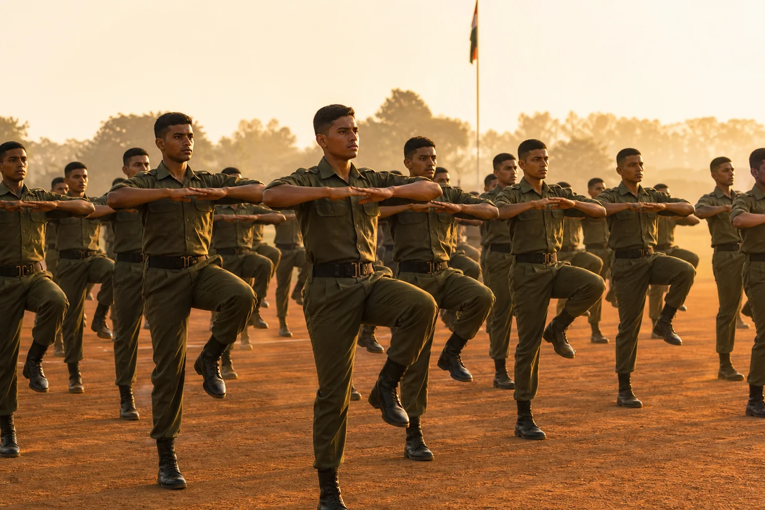 Indian cadet in military school uniform standing at attention on a Chhattisgarh parade ground with national flag in background