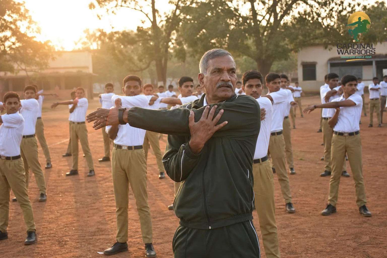 Students engaged in physical training and mentorship representing the METTALS approach. Photorealistic photograph of a group of young Indian students in uniform performing morning physical training exercises on a school field in