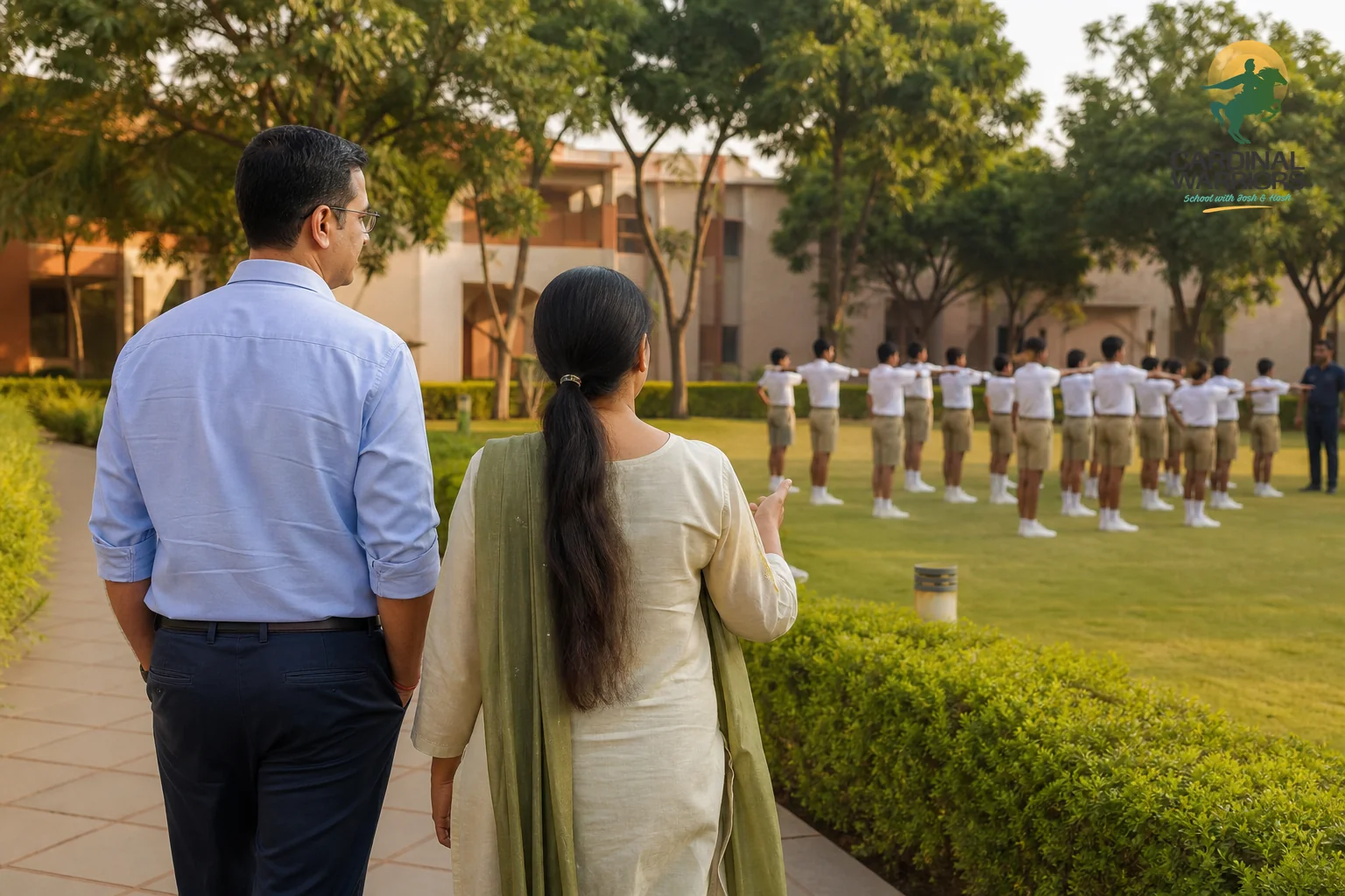 Photorealistic photograph of an Indian parent walking alongside a school staff member on a green residential school campus in Chhattisgarh, both looking toward a group of uniformed students practicing a drill in the distance, warm daylight