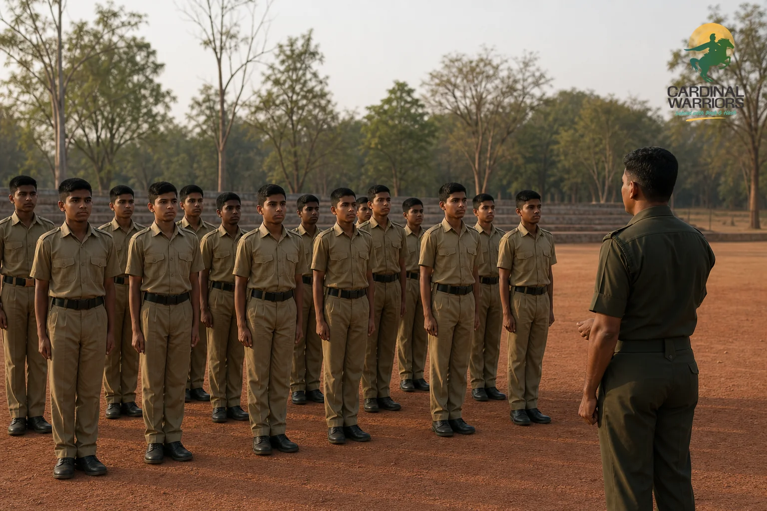 Photorealistic photograph of Indian school cadets in uniform standing in a disciplined formation on an open parade ground at a military-style residential school in Chhattisgarh, early morning light, an instructor in front giving quiet