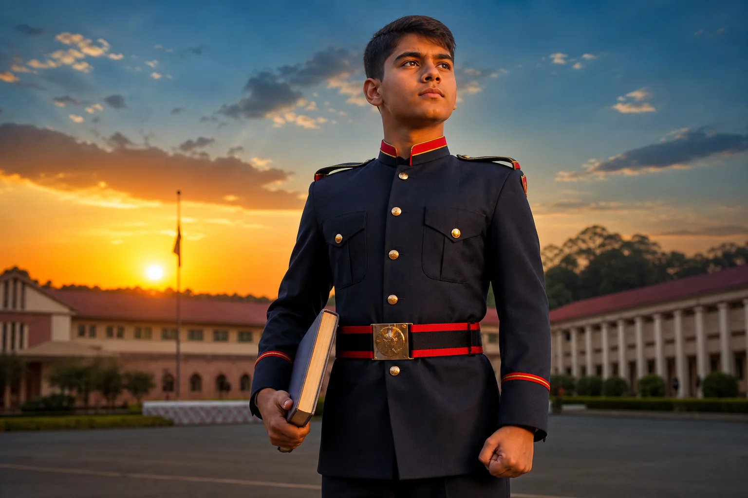 A focused young student in military school uniform embodying disciplined energy and wisdom at Cardinal Warriors, Raipur