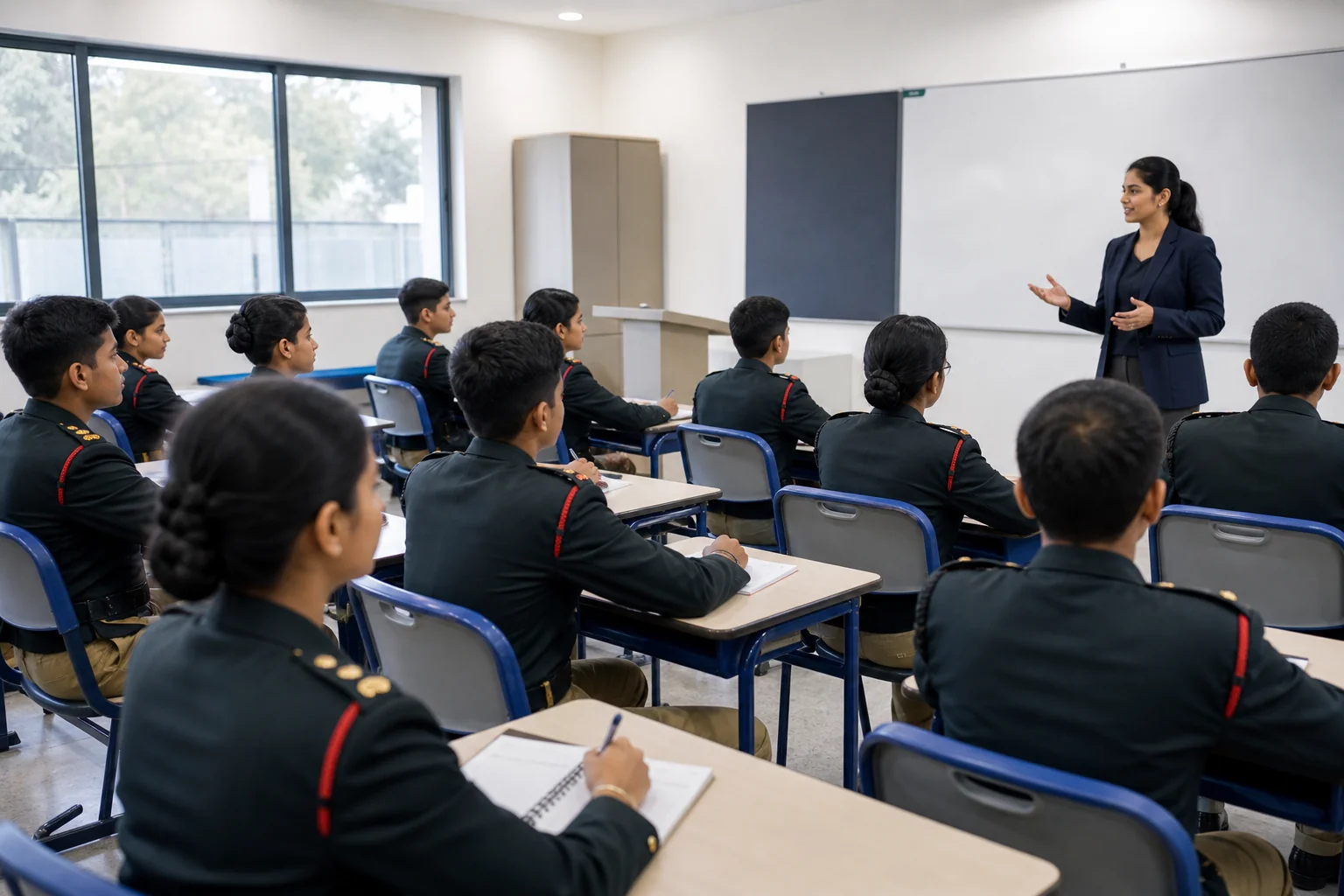 Students in military school uniforms attending a focused CBSE classroom session at Cardinal Warriors in Raipur, Chhattisgarh