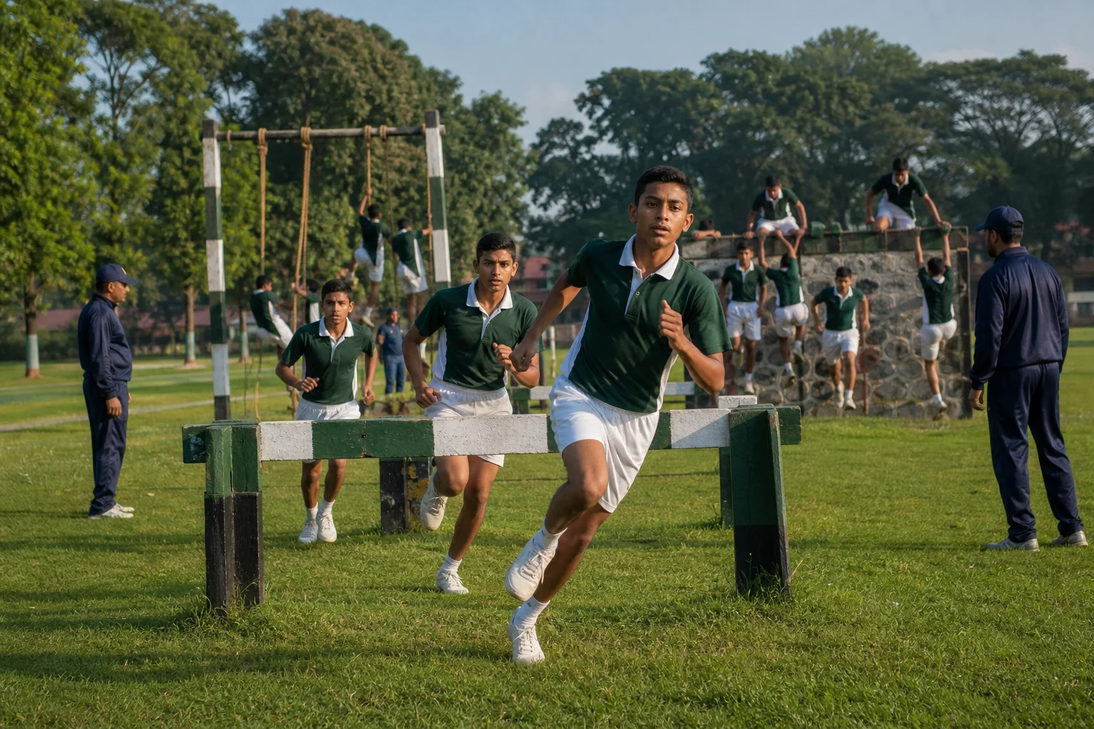 Students completing outdoor obstacle course drills during physical training at a military school campus in Raipur