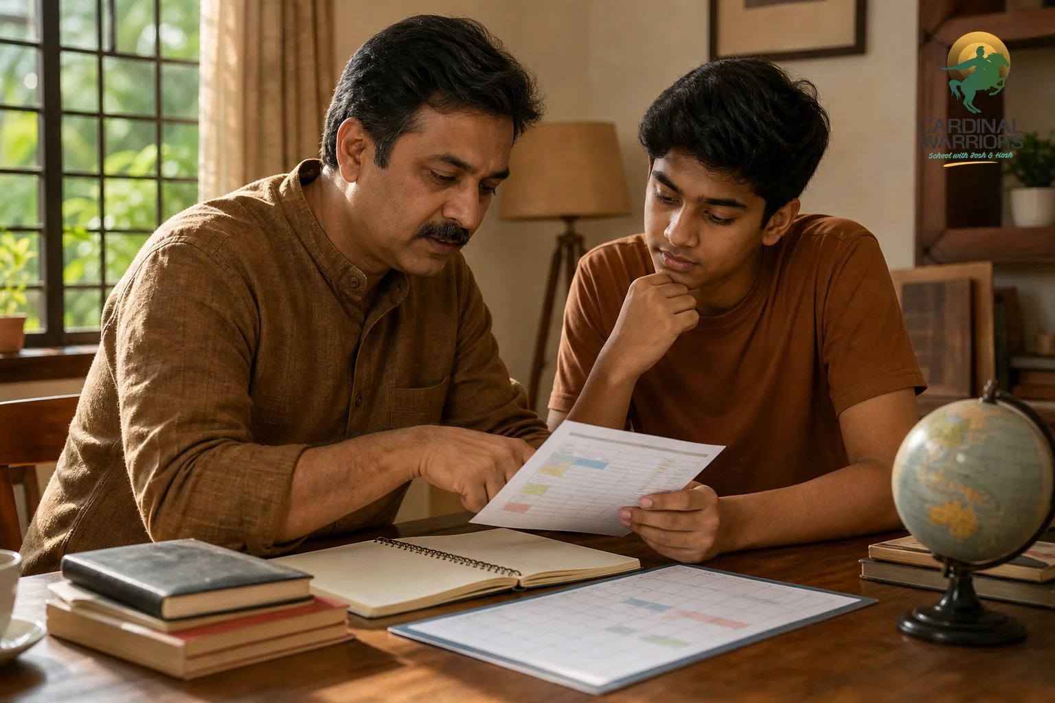 Photorealistic photo of an Indian father and teenage son sitting at a wooden desk indoors, looking at a printed study planner and calendar together, warm afternoon light through a window, earthy brown and ochre tones, notebooks and a globe