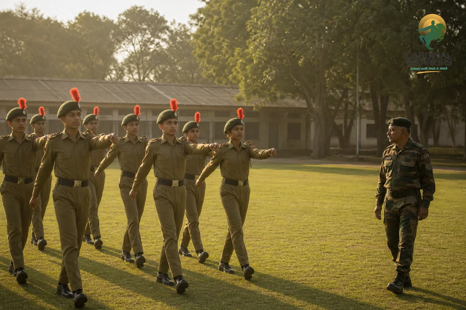 Photorealistic photo of Indian school cadets in olive uniform practicing drill formation on a green school ground with a retired-army-style instructor supervising, five-acre campus visible with trees and a low building in background, warm