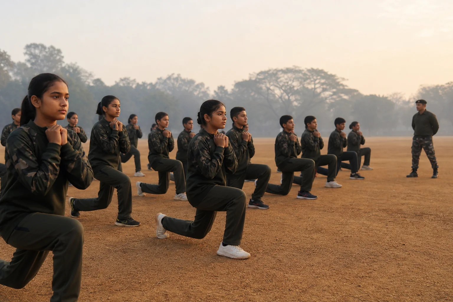 Cadets doing early morning physical training and drills in a disciplined line formation. Photorealistic photograph of a group of Indian school-age cadets, boys and girls in military-style tracksuits, performing synchronized morning physical