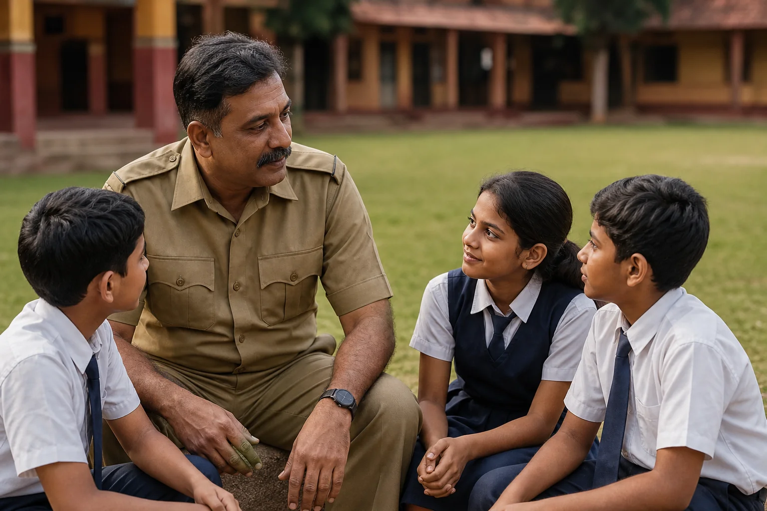 Photorealistic photograph of a middle-aged Indian army-veteran-style mentor in a simple khaki uniform sitting on a low wall or bench, gently talking with three attentive school-age children in uniform seated around him on a school lawn