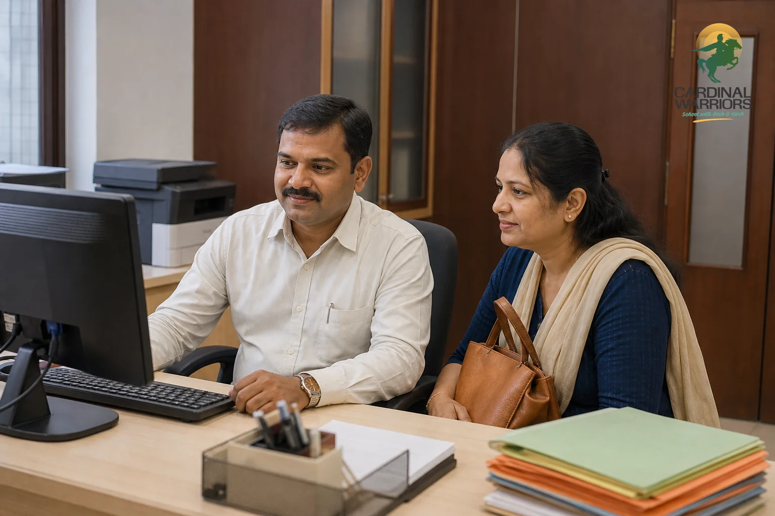 An admissions staff member helping a parent complete an online enrollment process on a computer at a school front office. Photorealistic photograph of a school administrative office in India, a staff member and a parent looking together at