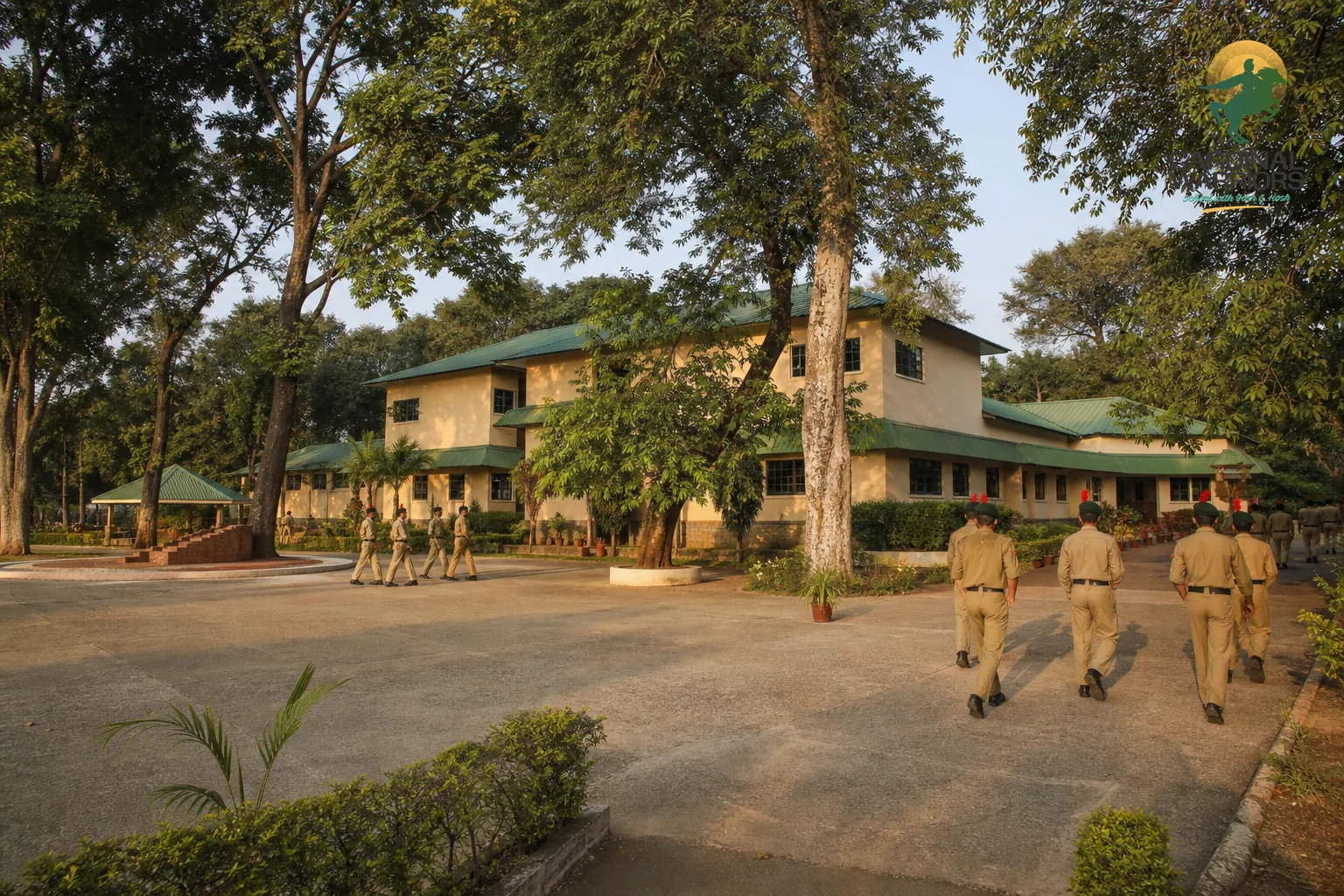 Wide shot of a green 5-acre boarding school campus in Chhattisgarh with cadets walking near a parade ground. Photorealistic wide-angle photograph of a spacious green residential school campus in rural Chhattisgarh, India, with a paved