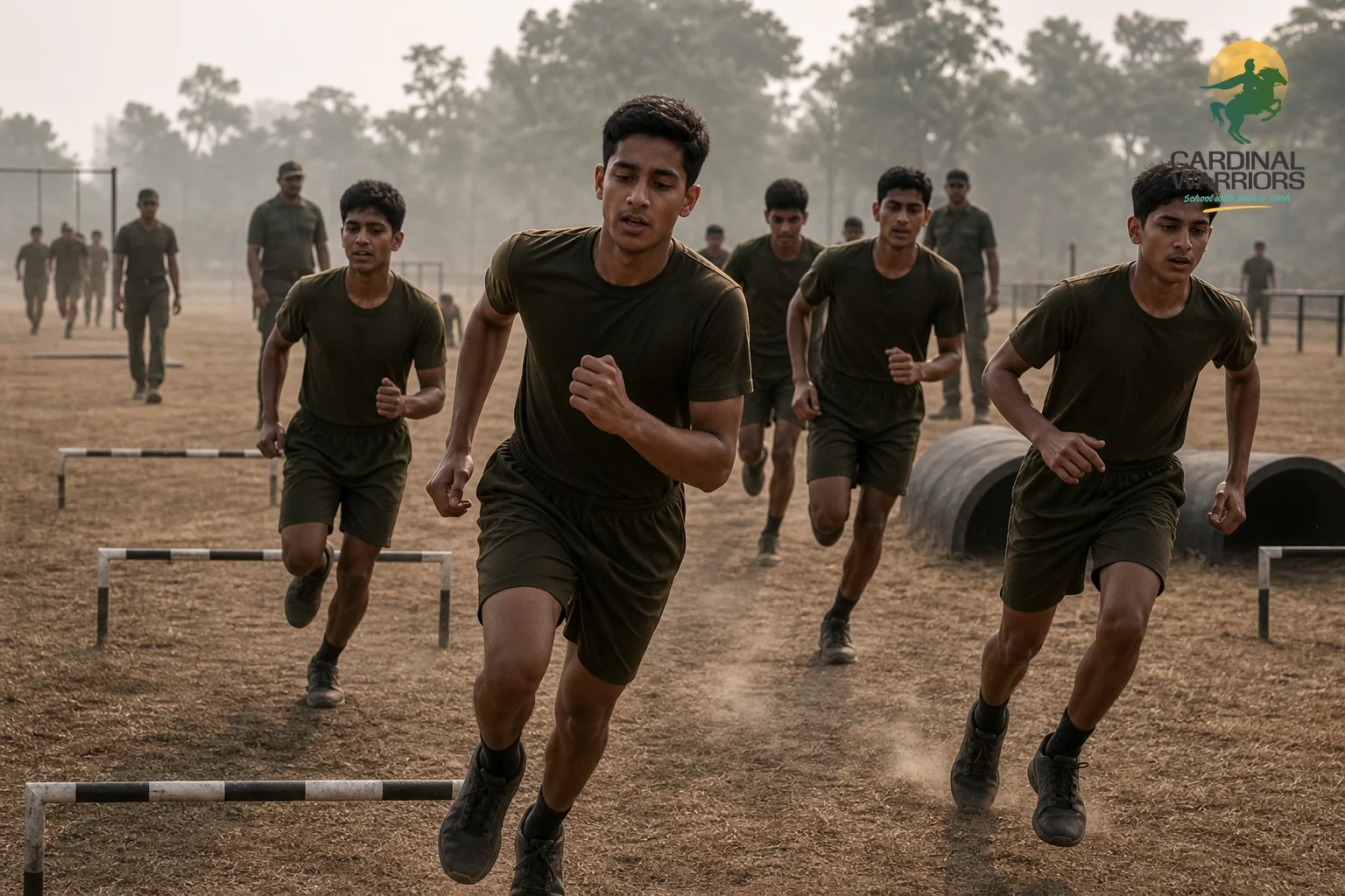 Students doing structured outdoor physical training and obstacle course drills at a residential military school. Photorealistic photo of teenage students in olive-drab training uniforms running through an outdoor obstacle course on a dusty