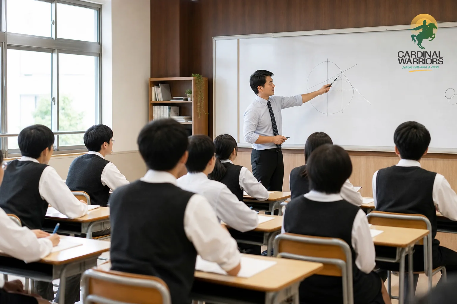 Photorealistic photo of teenage students in school uniform sitting attentively at desks in a bright classroom, a teacher pointing at a whiteboard filled with diagrams, warm brown and cream tones in the classroom decor, natural daylight