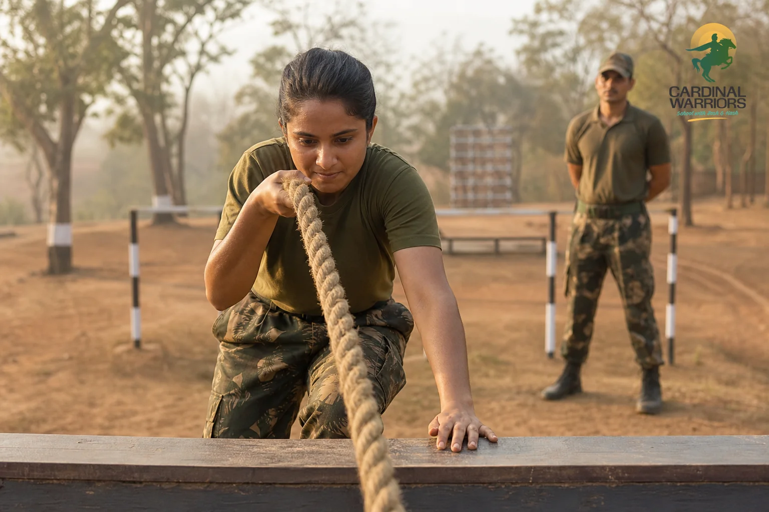A girl cadet doing physical training drills or an obstacle course at a military school in India. Photorealistic photo of a girl cadet in uniform performing a physical training exercise on an outdoor obstacle course, gripping a rope or