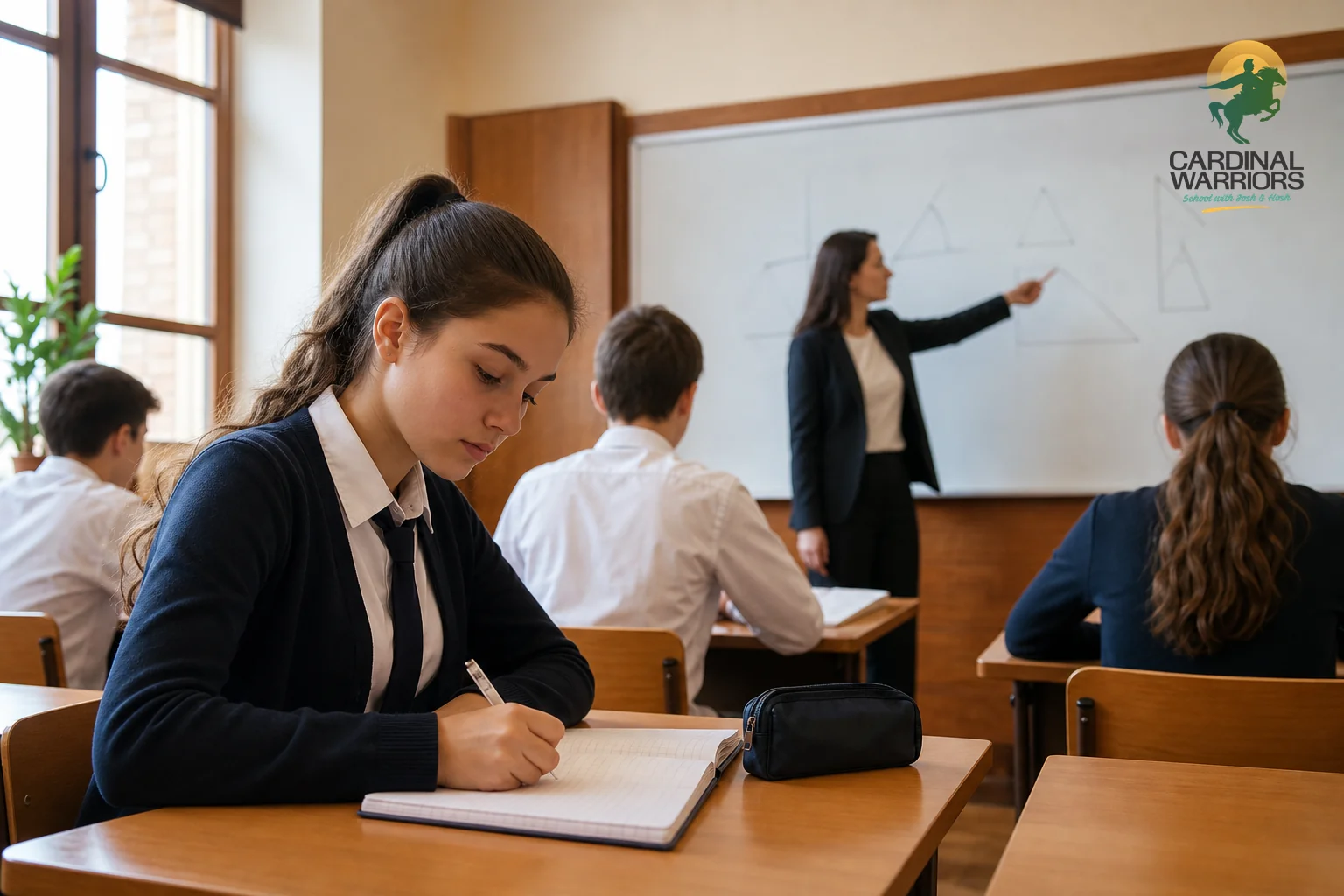 A girl student studying with a teacher or mentor in a classroom setting focused on academics and defence exam preparation. Photorealistic photo of a teenage girl student in school uniform sitting at a classroom desk writing in a notebook