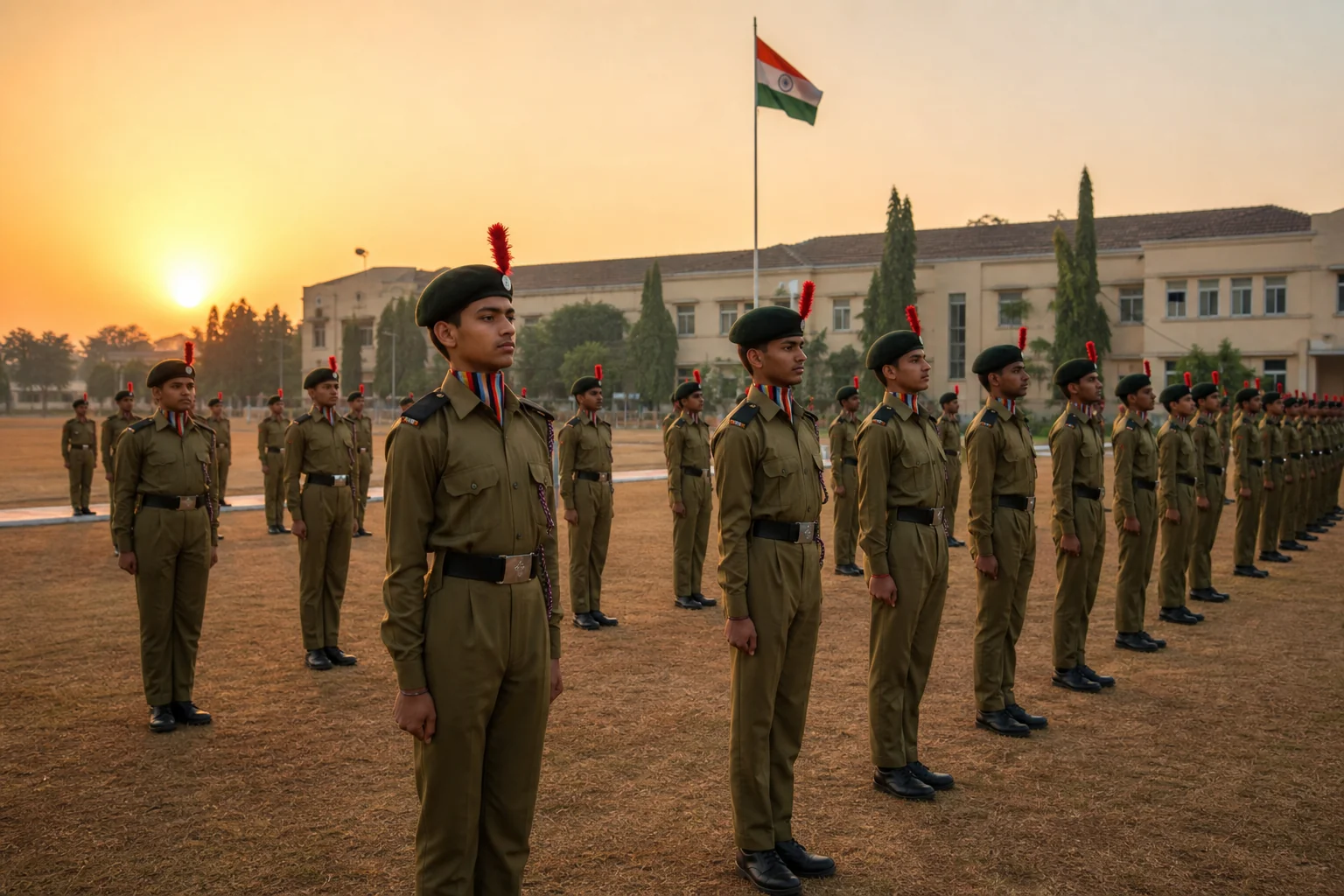 Cadets in a disciplined morning formation on a school parade ground, representing the structured military-school approach to competitive exam prep. photorealistic photo of a group of Indian school cadets in olive-green military-style