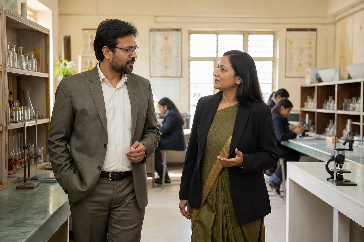 photorealistic photo of an Indian parent and a school staff member in formal attire walking through a well-lit science classroom or laboratory during a campus visit, shelves with lab equipment and charts in the background, warm natural