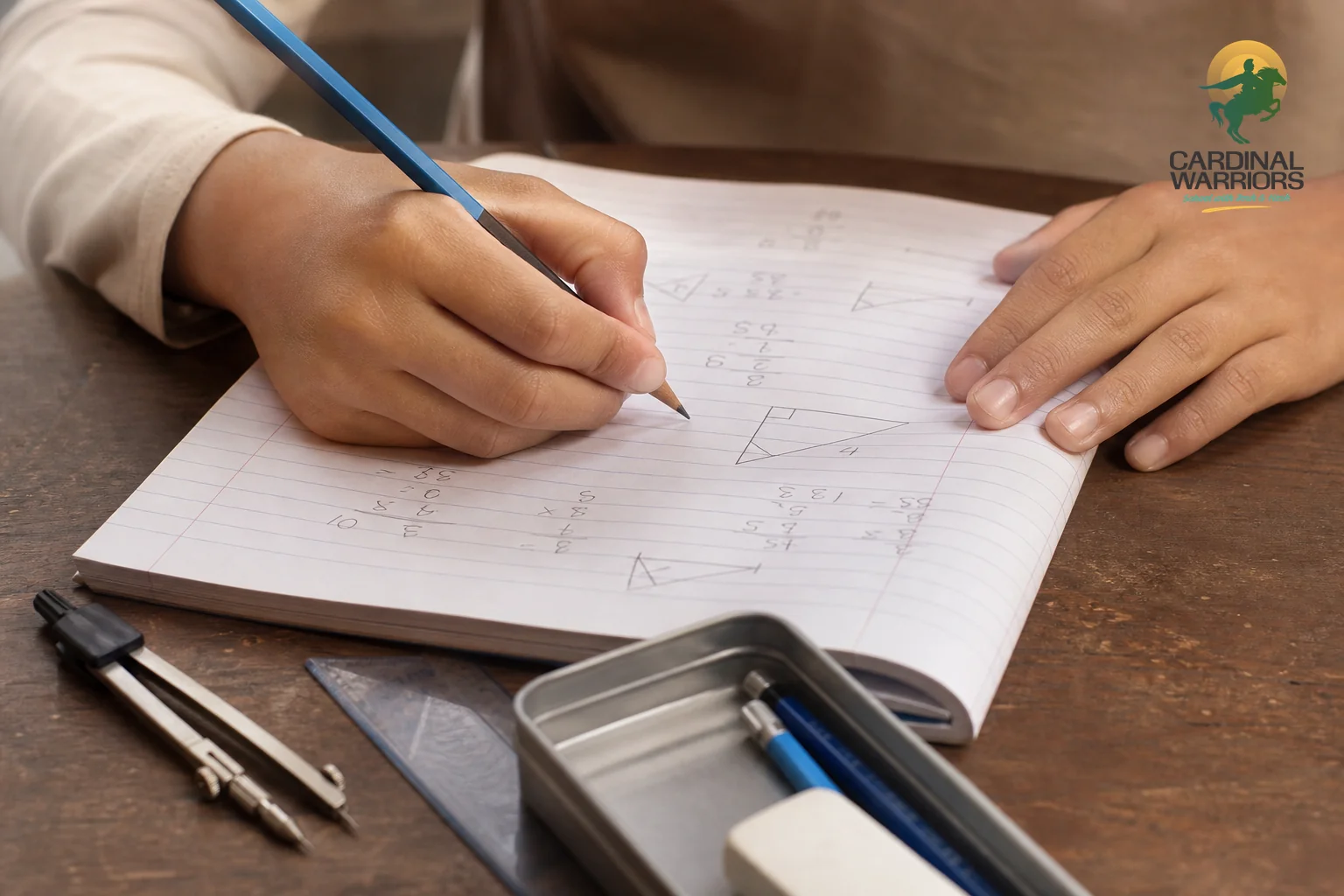 Close-up of a child solving maths problems on paper with geometry tools. Photorealistic close-up photo of a young student's hands solving mathematics problems in a notebook, a geometry box with compass and ruler nearby, numbers and simple