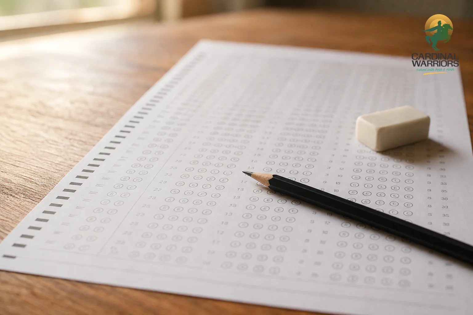 Close-up of an OMR answer sheet and pencil for a competitive exam. Photorealistic close-up photograph of a blank OMR answer sheet with a black pencil and eraser resting on top, wooden desk surface, soft natural window light, shallow depth