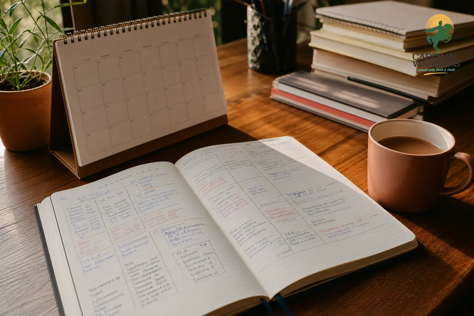 A calendar and study planner on a desk symbolising exam date countdown. Photorealistic photograph of a desk calendar and a handwritten study planner notebook open on a wooden table, a cup of tea beside it, morning light, warm brown and