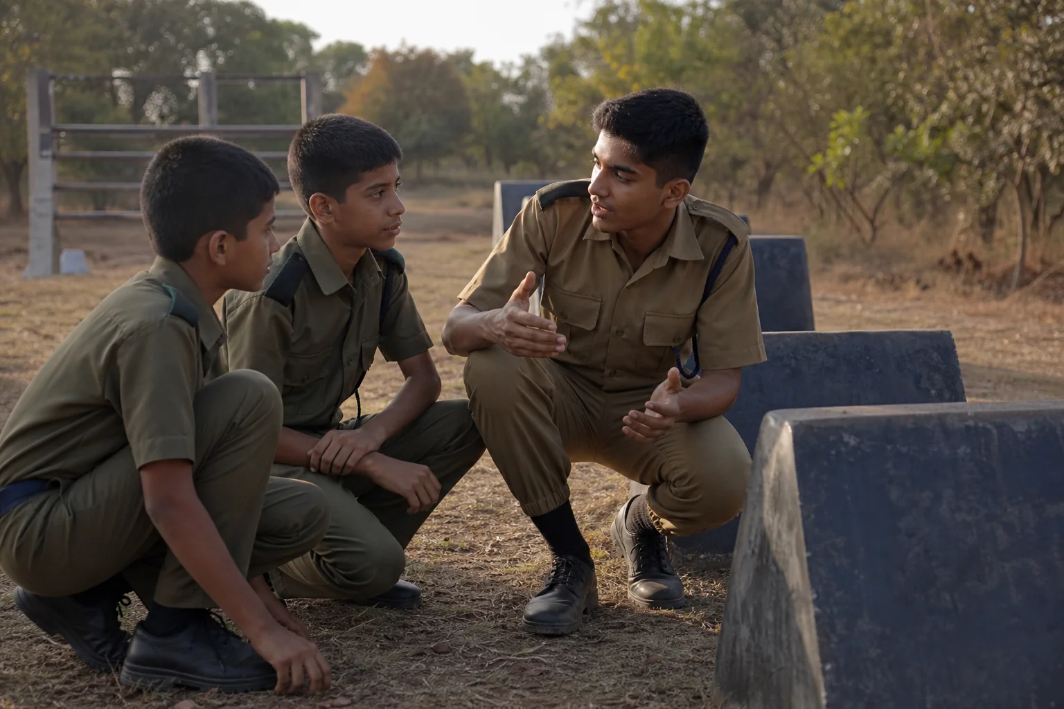 A senior cadet mentoring younger students at a military school in Chhattisgarh, illustrating leadership development