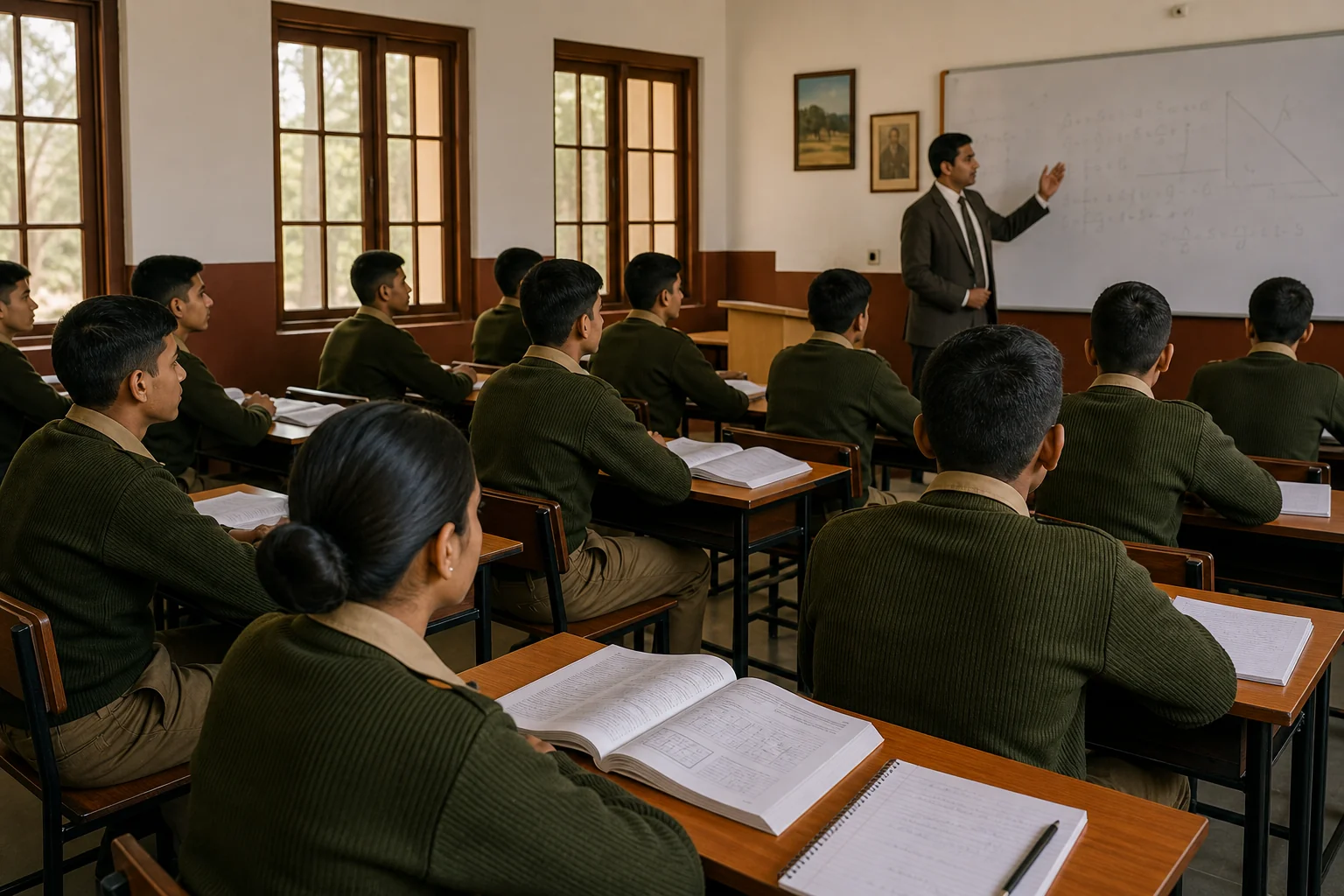 Students in a CBSE military school classroom in Chhattisgarh studying under a teacher's guidance