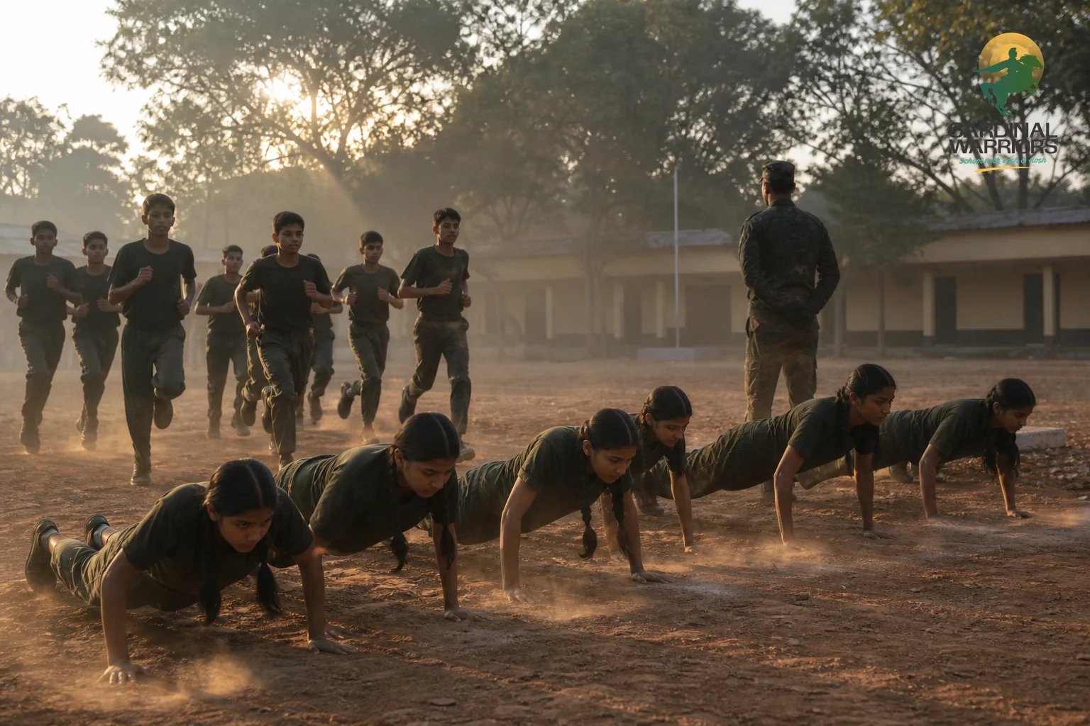 Teenage cadets doing morning physical training drills outdoors on a school ground. Photorealistic photo of teenage boys and girls in olive military-style uniforms performing morning physical training drills, running and push-ups on a dusty