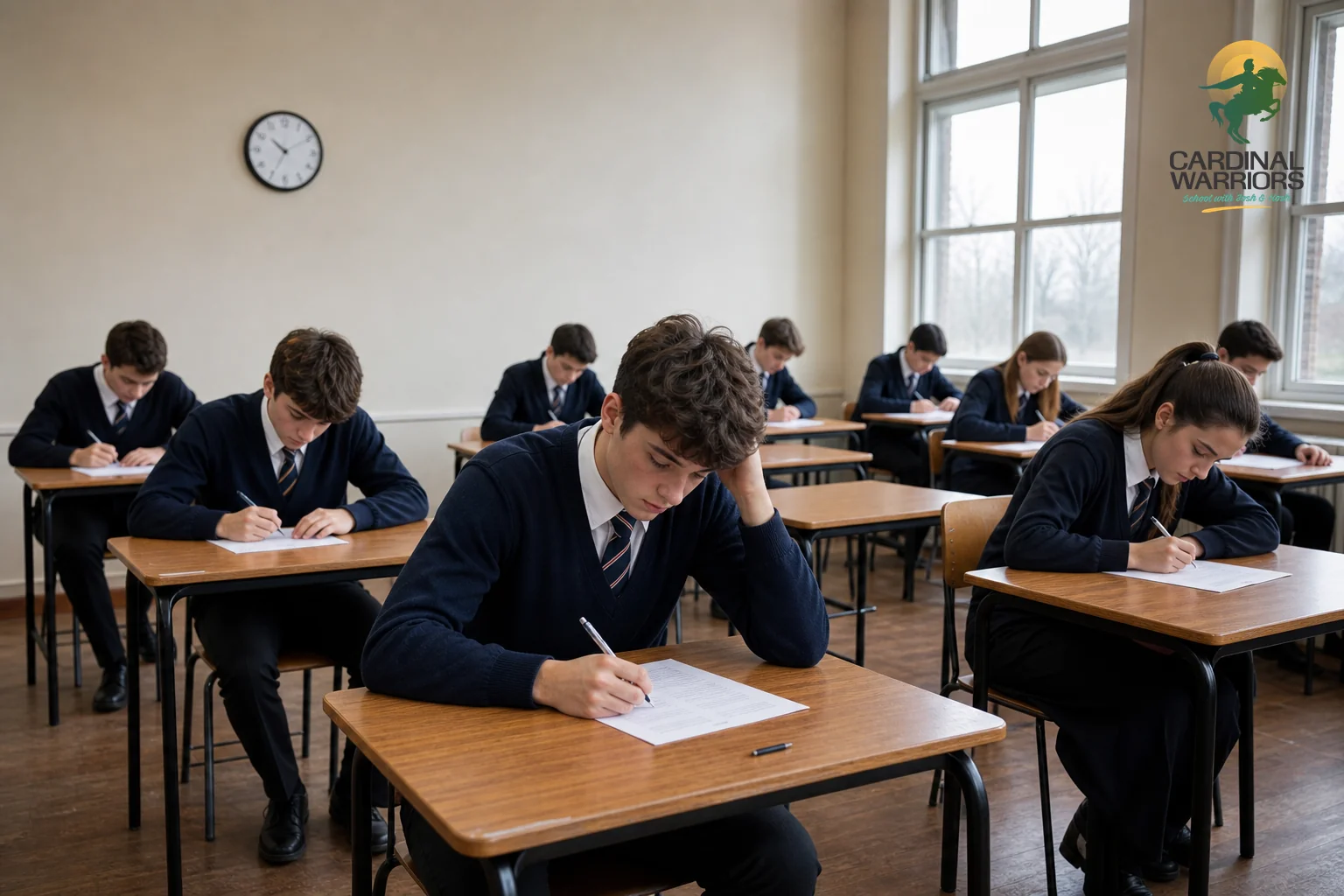 Students seated for a timed mock written exam in a classroom. Photorealistic photo of teenage students in school uniform seated at spaced-out wooden desks writing a timed mock exam paper in a bright classroom, a wall clock visible