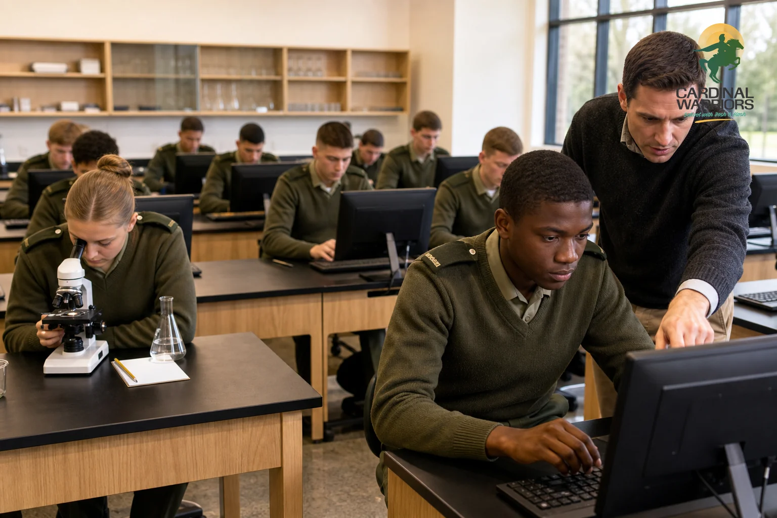 Students in a science or computer lab at a military-discipline boarding school preparing for NEET and JEE. Photorealistic photograph, bright indoor lighting, uniformed teenage cadets seated at desktop computers and lab tables in a modern