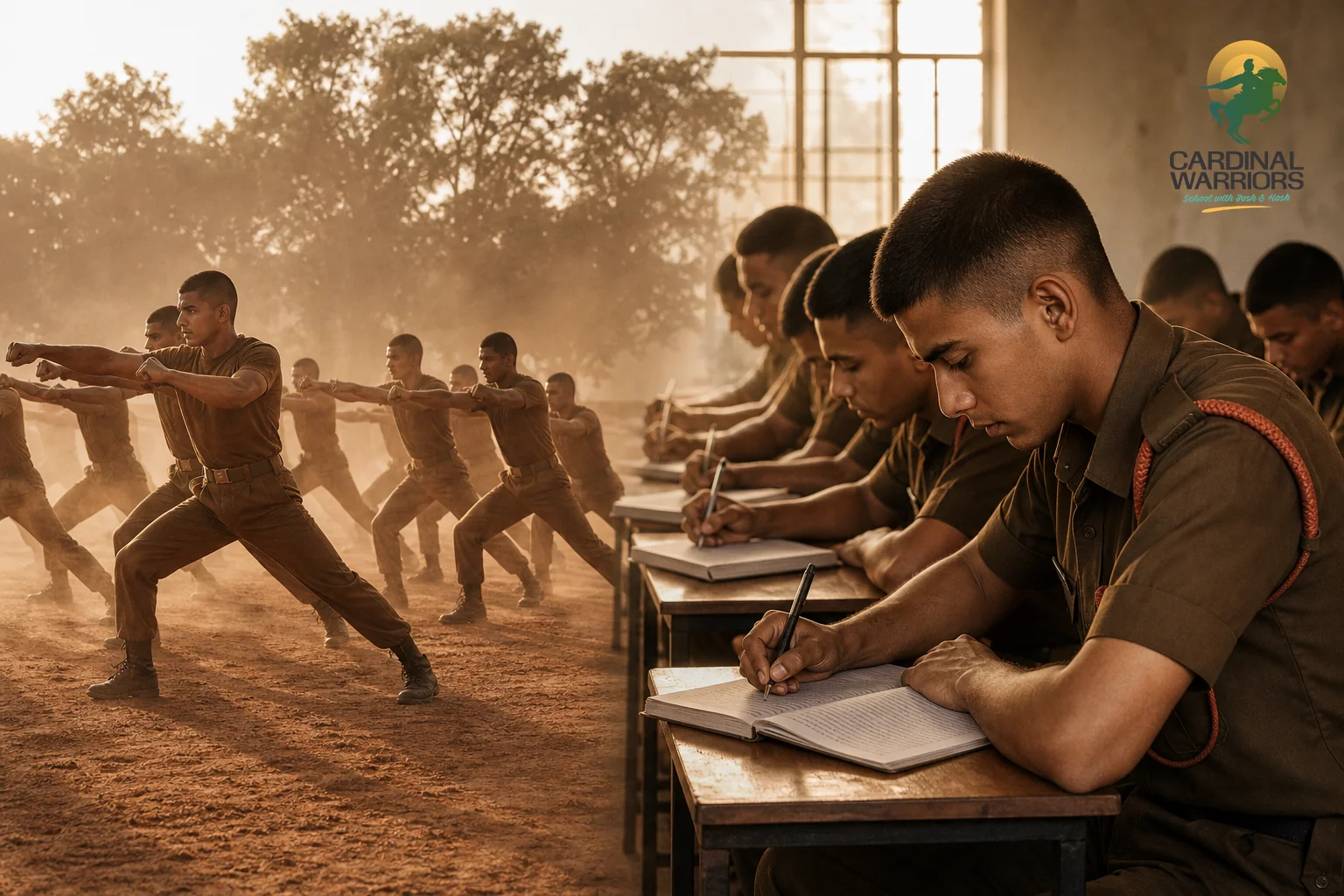 Disciplined study routine combined with physical training showing focus-building for competitive exams. Photorealistic photograph, early morning light, a group of uniformed cadets doing physical training drills in formation on an open