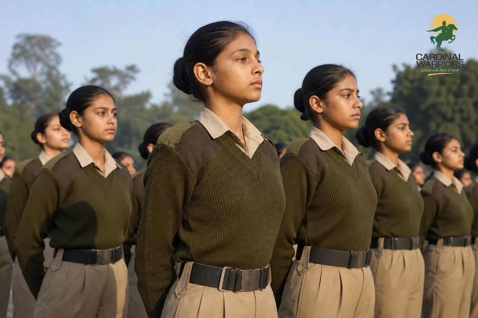 Girl cadets in uniform participating in a school assembly or classroom activity at a co-ed military school. Photorealistic photo: a group of girl cadets in olive-toned school uniform standing attentively in a disciplined line during an
