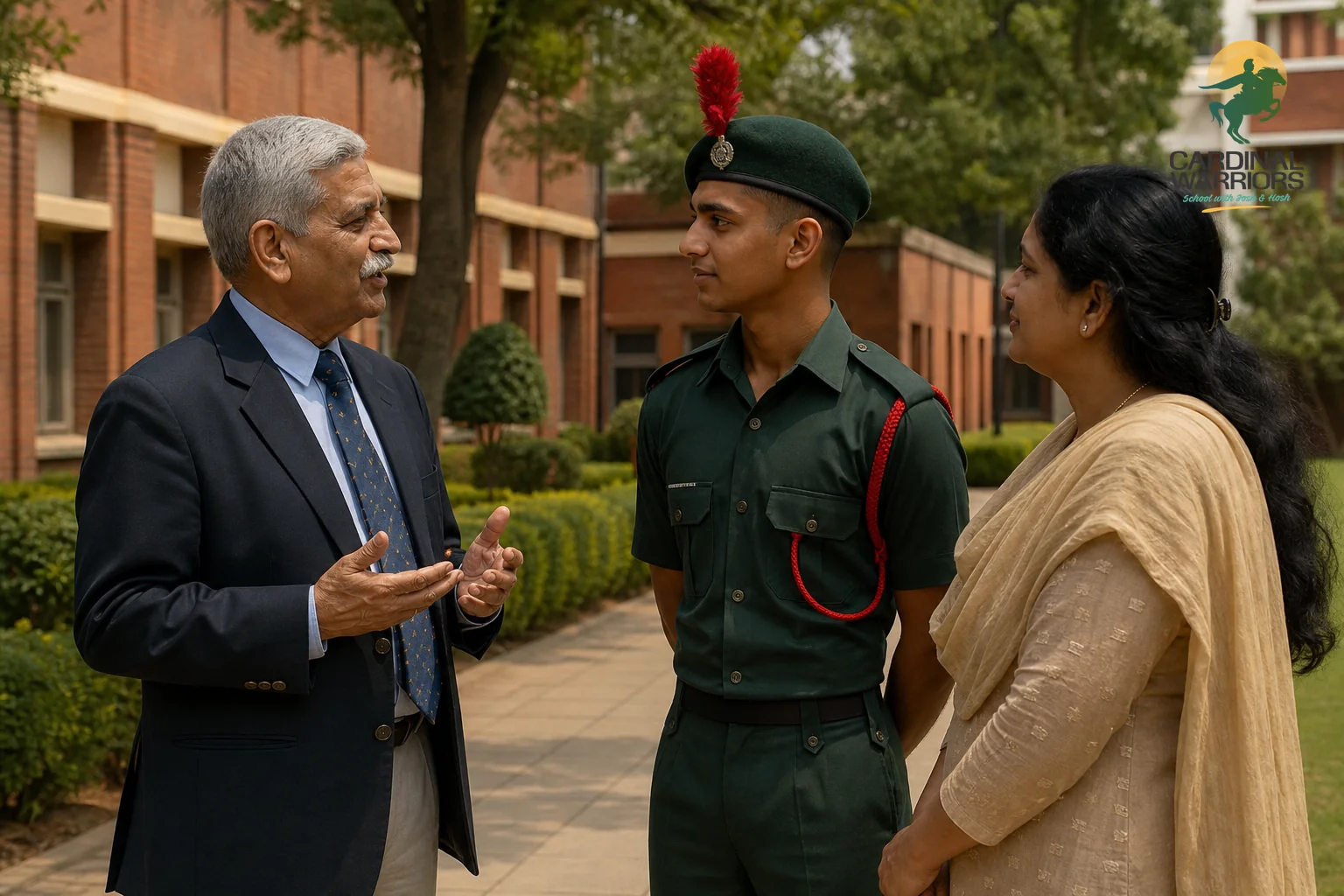 Retired army officer mentoring a cadet family at a military-discipline school campus, representing defence ward priority. Photorealistic photo: a senior retired Indian Army officer in civilian formal attire speaking respectfully with a