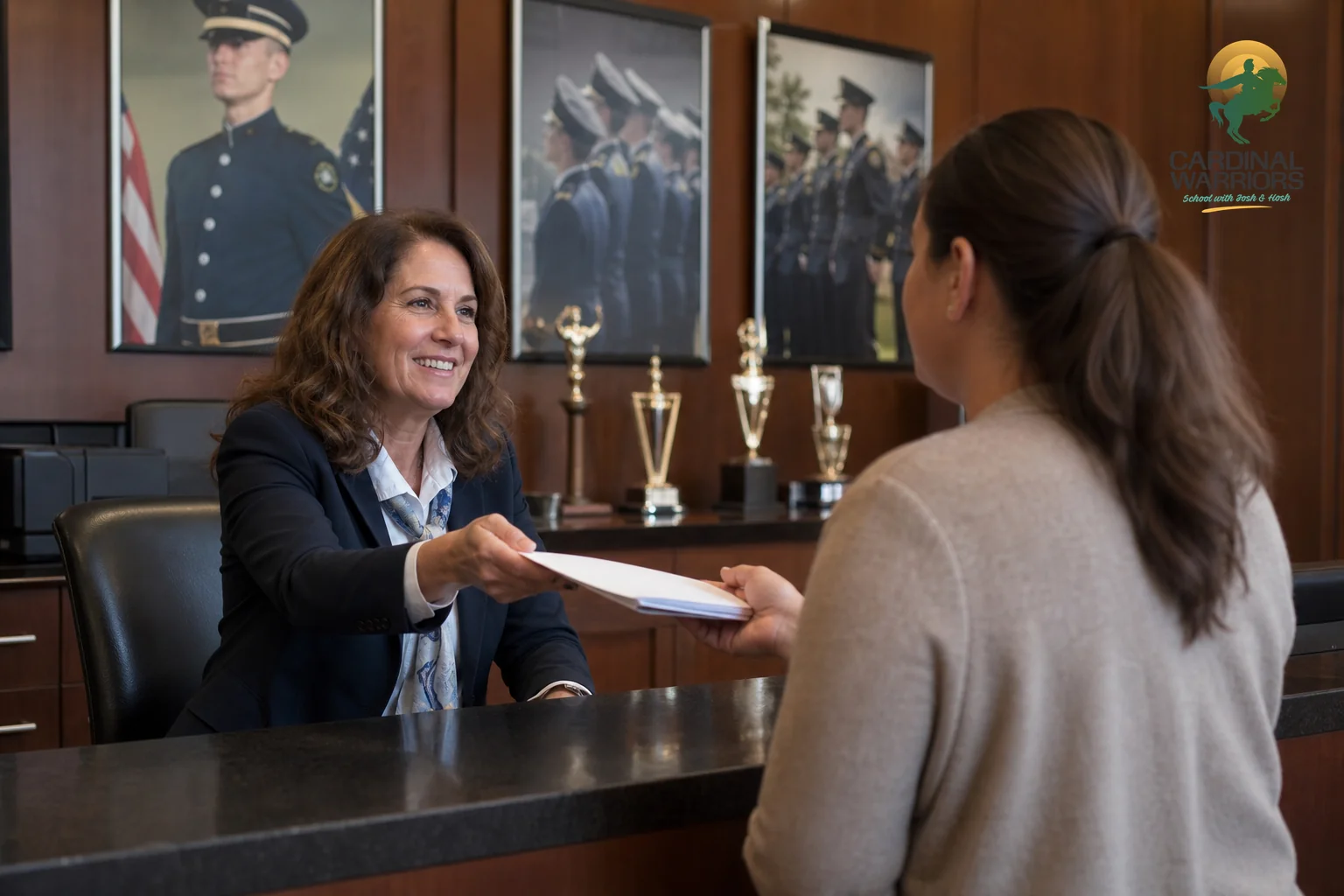 Photorealistic photo: an admissions counselor at a school front desk handing documents to a parent, trophies and cadet posters visible on the wall behind, warm brown and tan interior tones, professional and reassuring mood, natural indoor