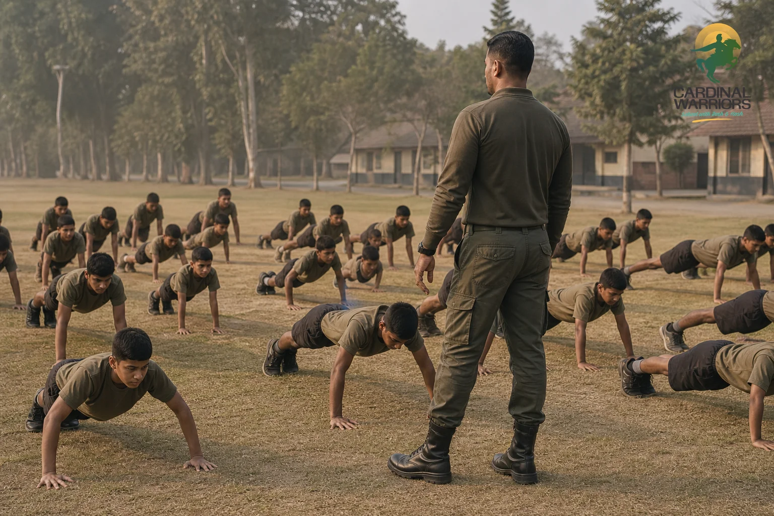 Younger and older cadets doing group physical training together on a campus field, showing progression across ages. photorealistic photo of a mixed-age group of Indian school cadets in uniform performing morning physical training exercises