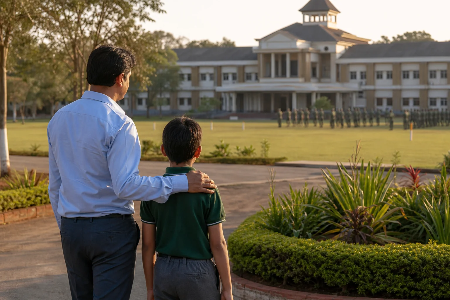 A father and son visiting a boarding school campus in Chhattisgarh while deciding between school options