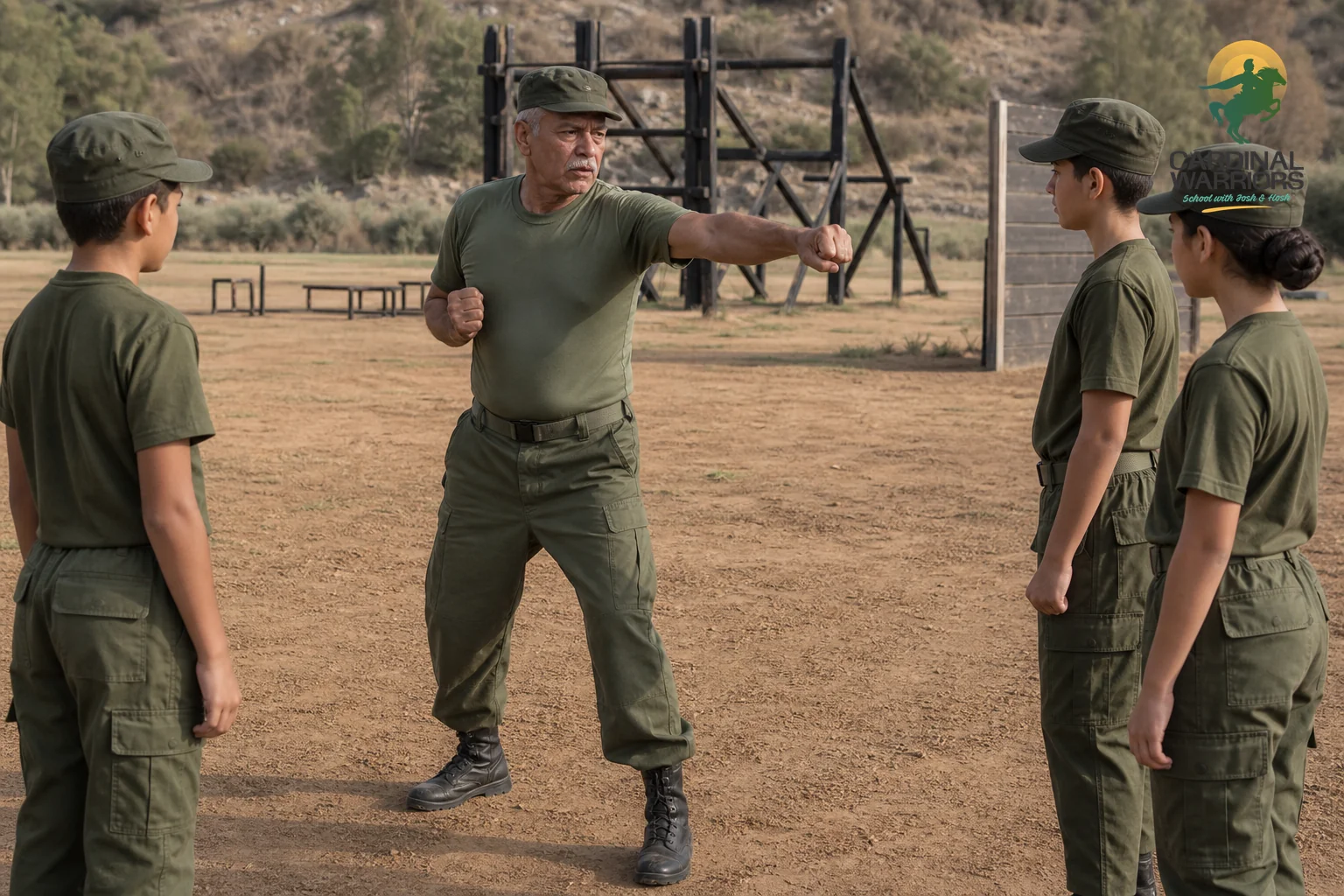 Retired military instructor guiding a small group of students during tactical training on campus. photorealistic photo of a senior retired military instructor in olive uniform demonstrating a drill to a small group of school-age cadets on
