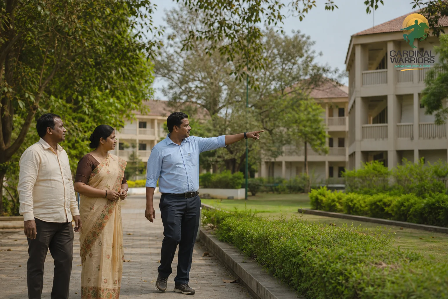 Parents touring a residential military school campus with an admissions staff member. photorealistic photo of parents walking alongside a school staff member across a green residential school campus in Chhattisgarh, pointing toward hostel