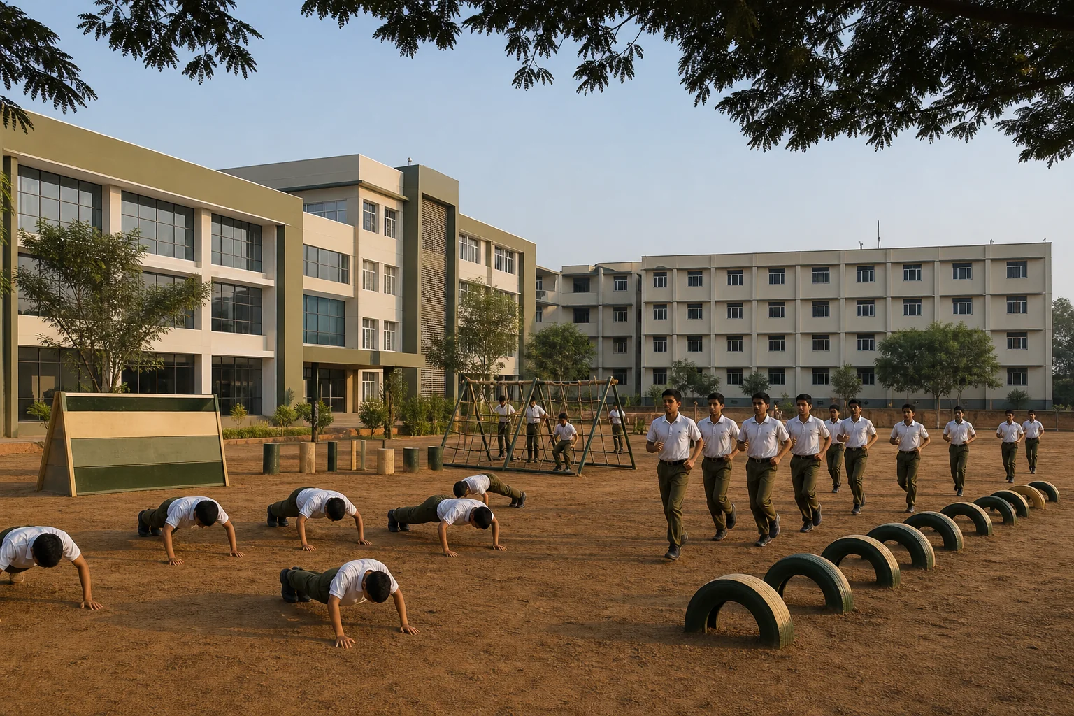 Well-equipped Indian military boarding school campus showing drill ground, academic block, and hostel building