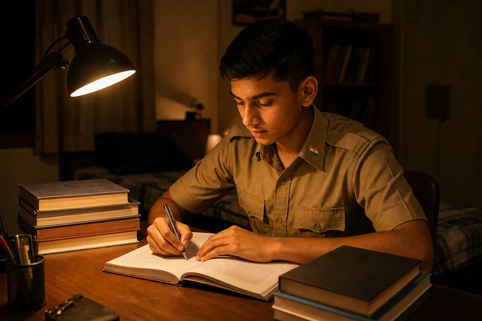 Teenage cadet studying at night in a boarding school hostel room with NDA and NEET preparation books on the desk